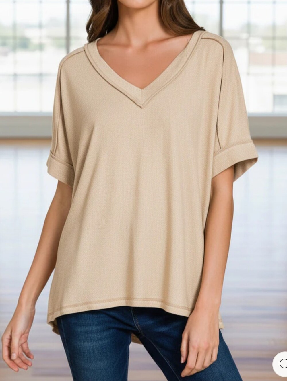 Zen Women's V-Neck Short Sleeve Top - Beige (L/XL)